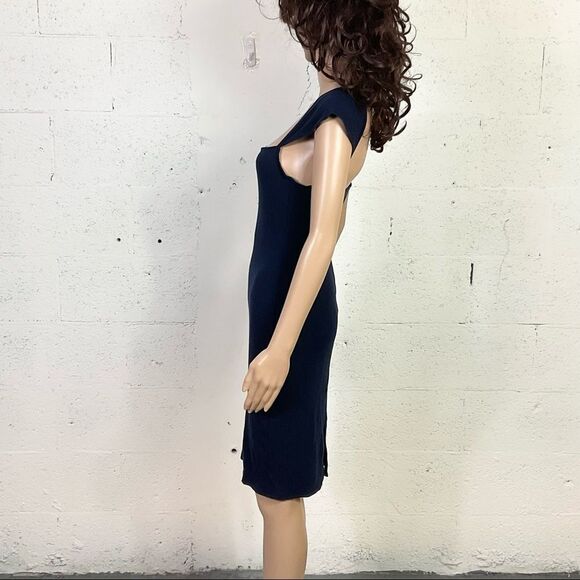 Reformation Navy Blue Ribbed Square Neck Knit Cap Sleeve Mini Shirt Dress M - Picture 4 of 9